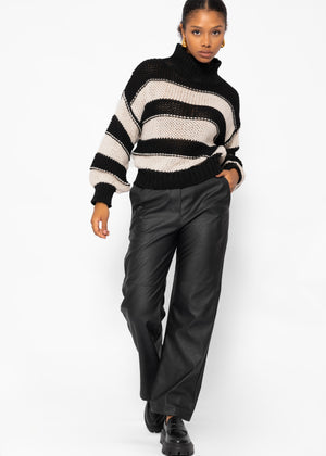 Turtleneck sweater with stripes - black-beige