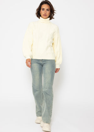 Turtleneck sweater with cable pattern - vanilla yellow