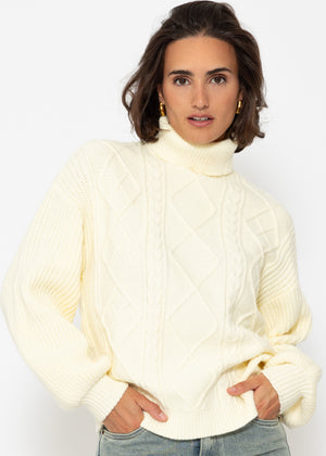 Turtleneck sweater with cable pattern - vanilla yellow