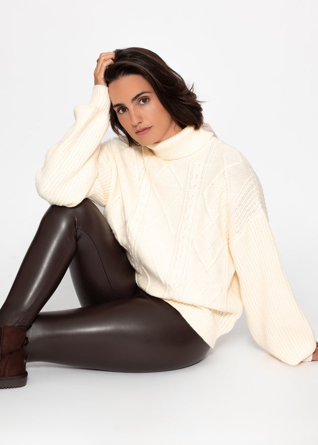 Roll neck jumper with cable knit - vanilla yellow