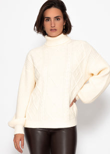 Rollkragenpullover mit Zopfmuster - vanillegelb