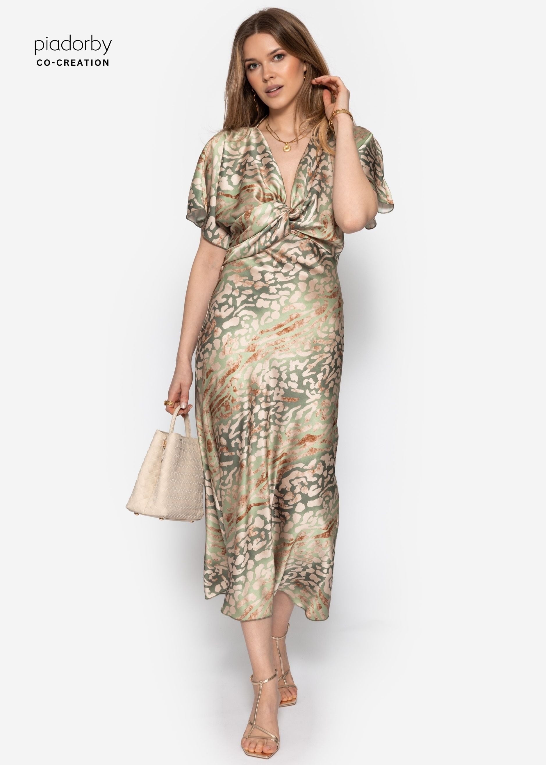 jungle print midi dress Maya Cotton Jungle Safari Midi Dress: Animal Block Print, Deep Neck
