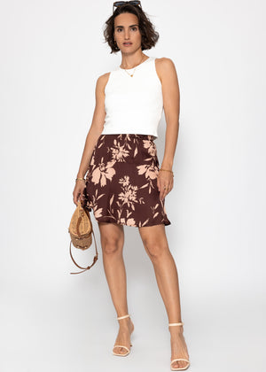 Satin skirt with floral print - brown