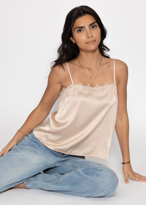 Satin Top mit Spitze - beige