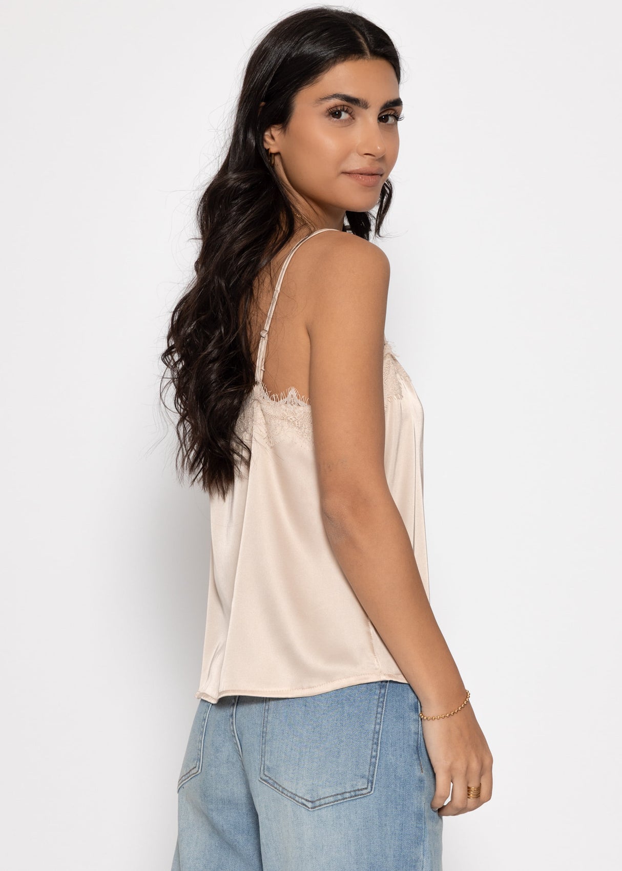 Satin Top mit Spitze - beige