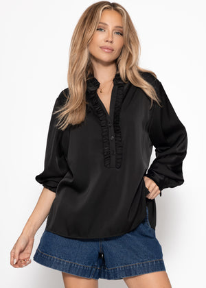 Satin blouse with ruffles - black