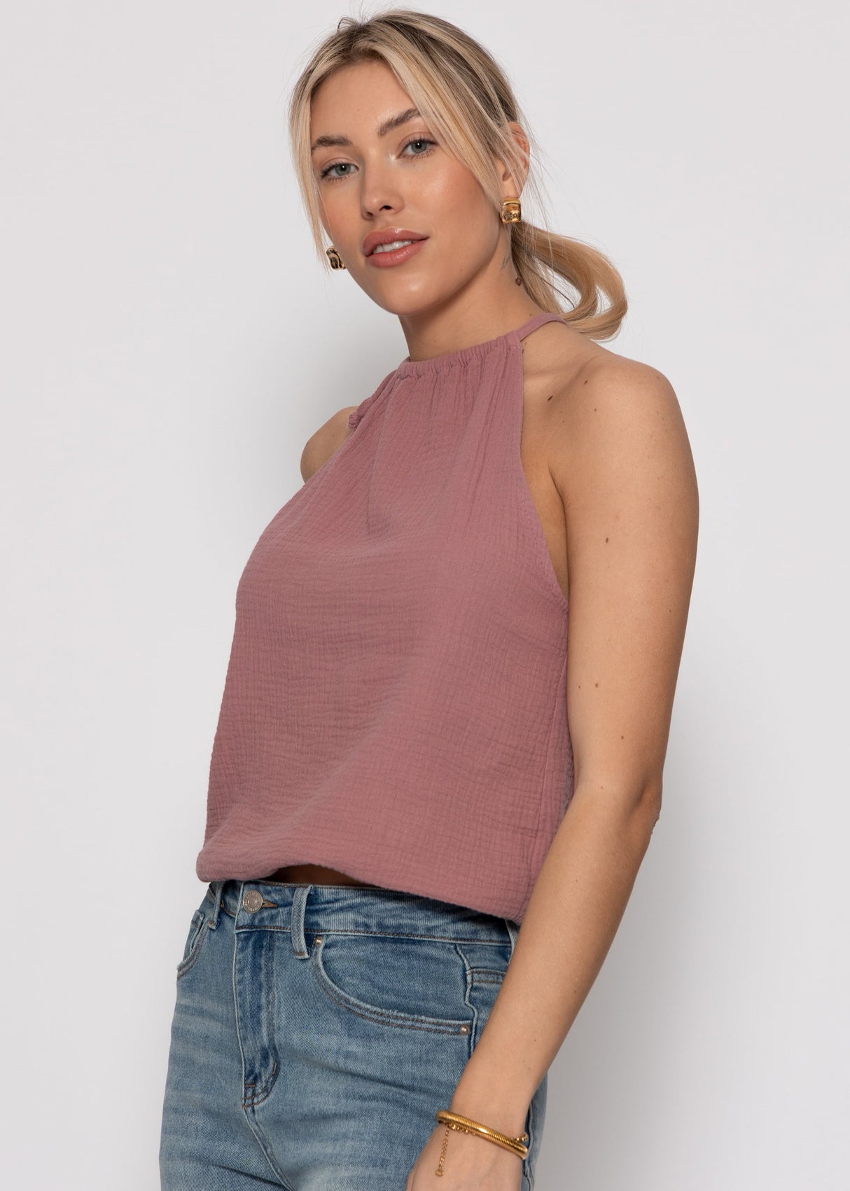 Schulterfreies Musselin Top - altrosa