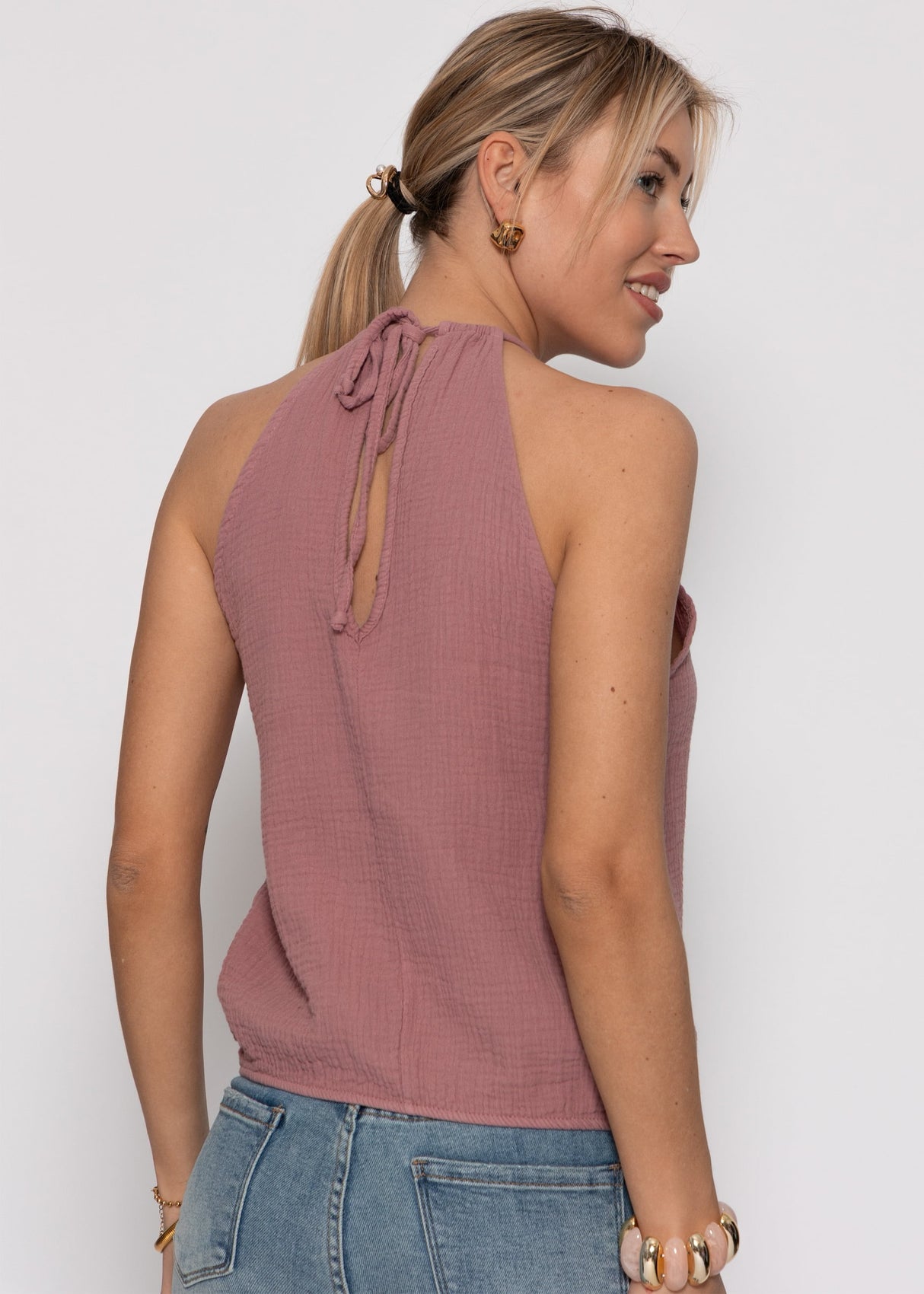 Schulterfreies Musselin Top - altrosa