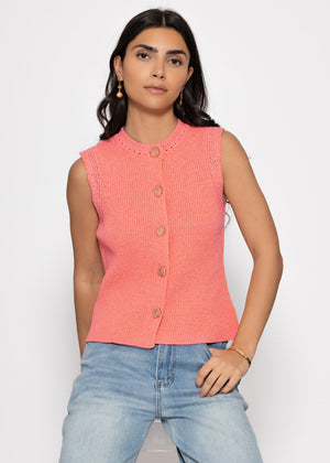 Strick Top mit Muschelknöpfen - koralle