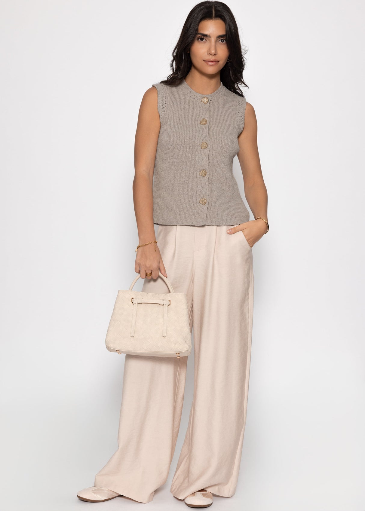 Strick Top mit Muschelknöpfen - taupe