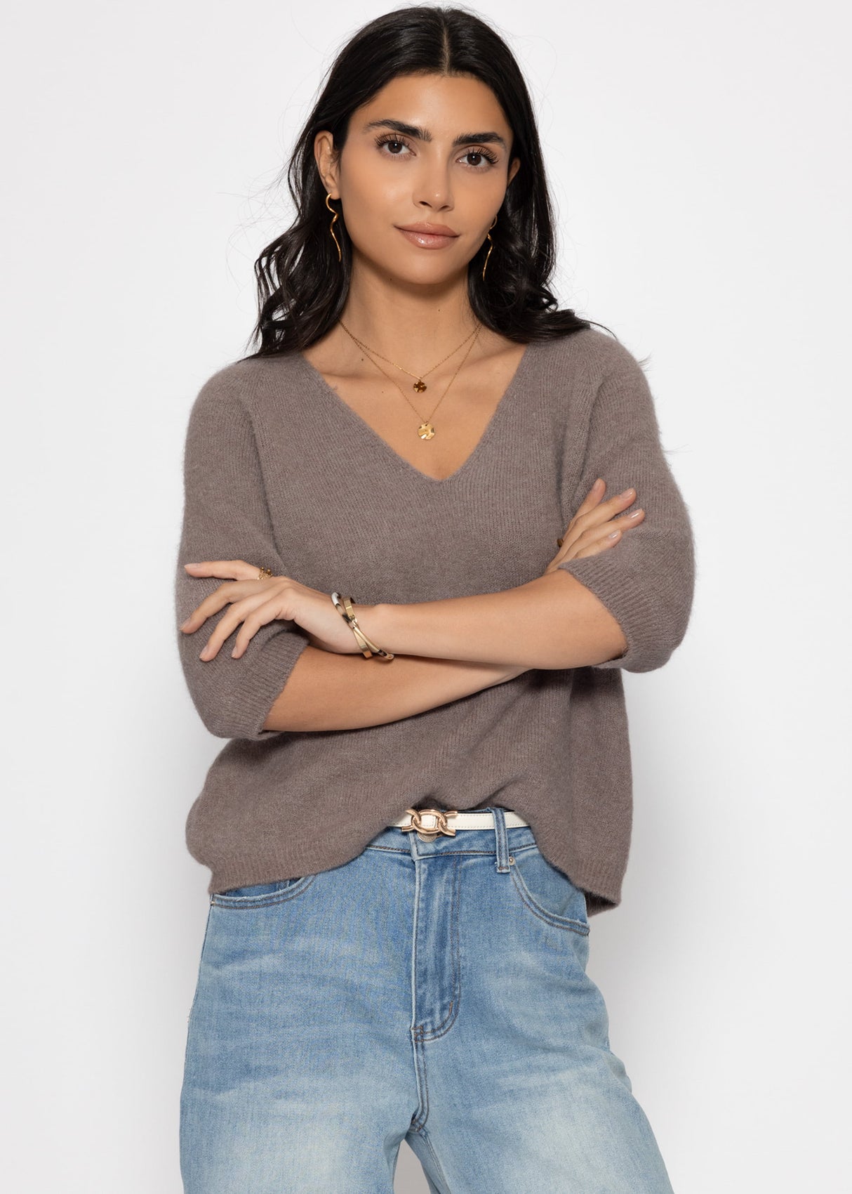 V-neck knit top - taupe