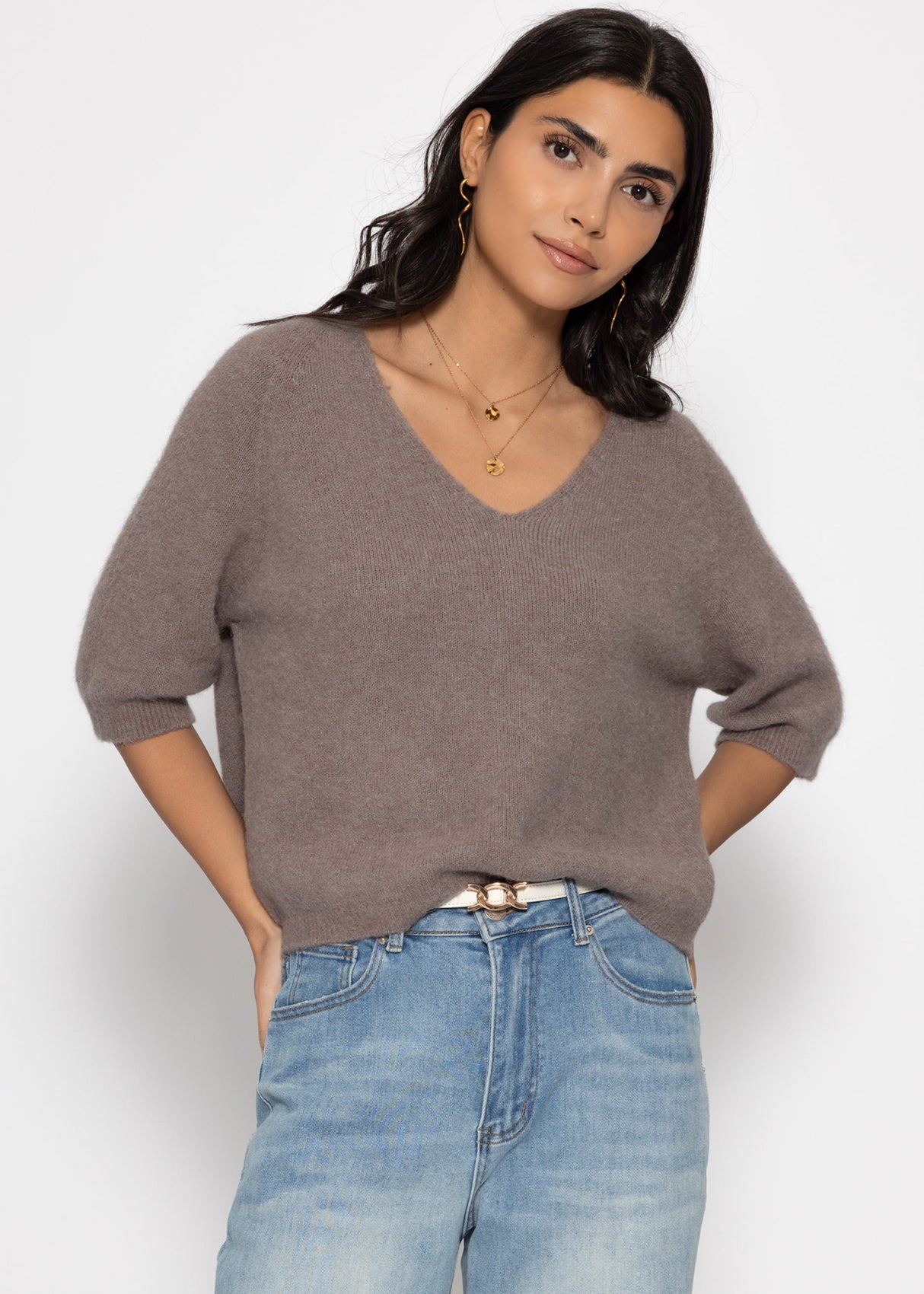 V-neck knit top - taupe