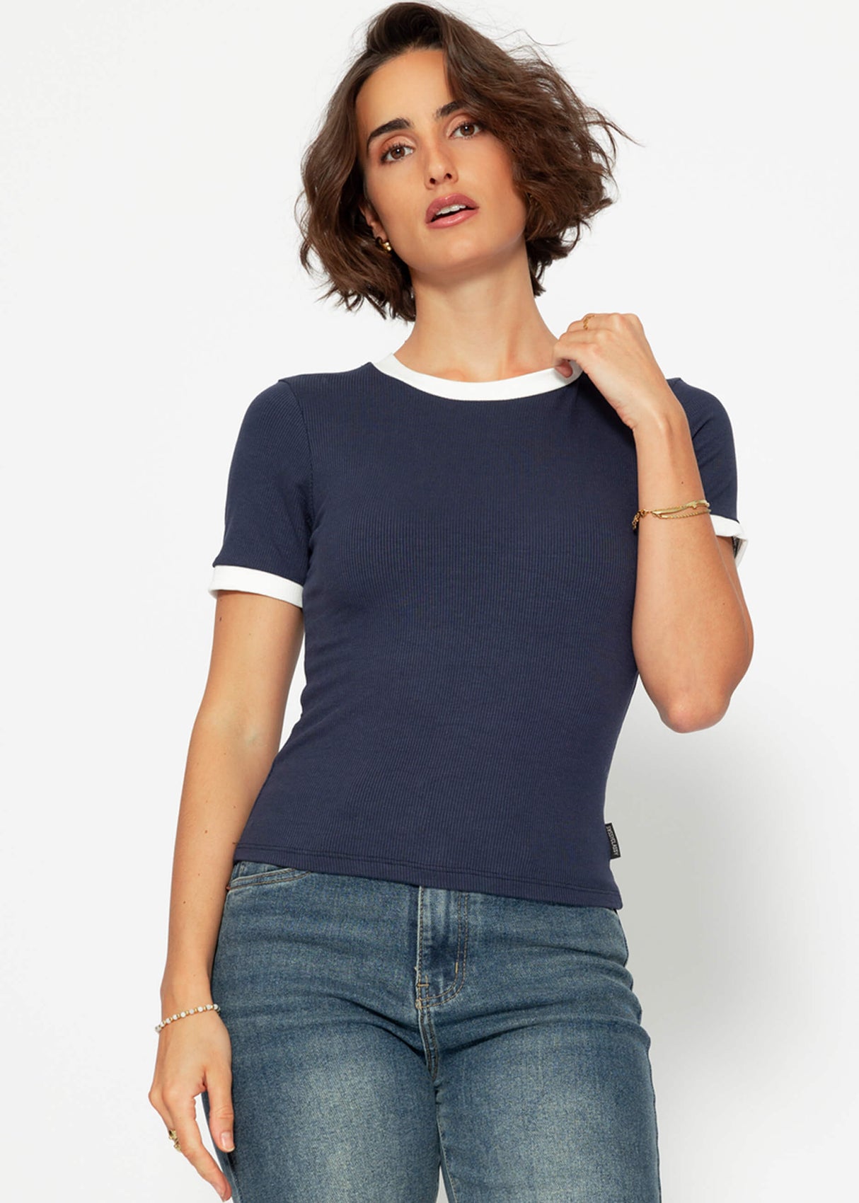 T-shirt with panels - dark blue-off-white