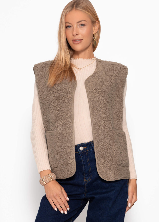 Teddy fleece gilet with pockets - grey taupe