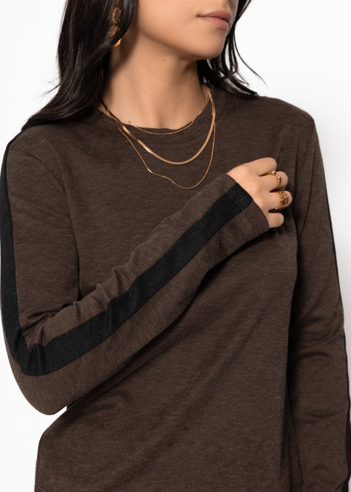 Thermo Langarmshirt mit Kontrast an den Ärmeln - braun
