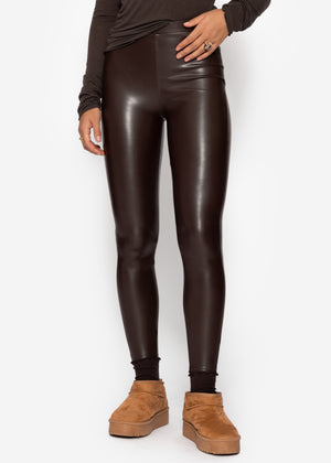 Thermo leather leggings with patch pockets, dark brown