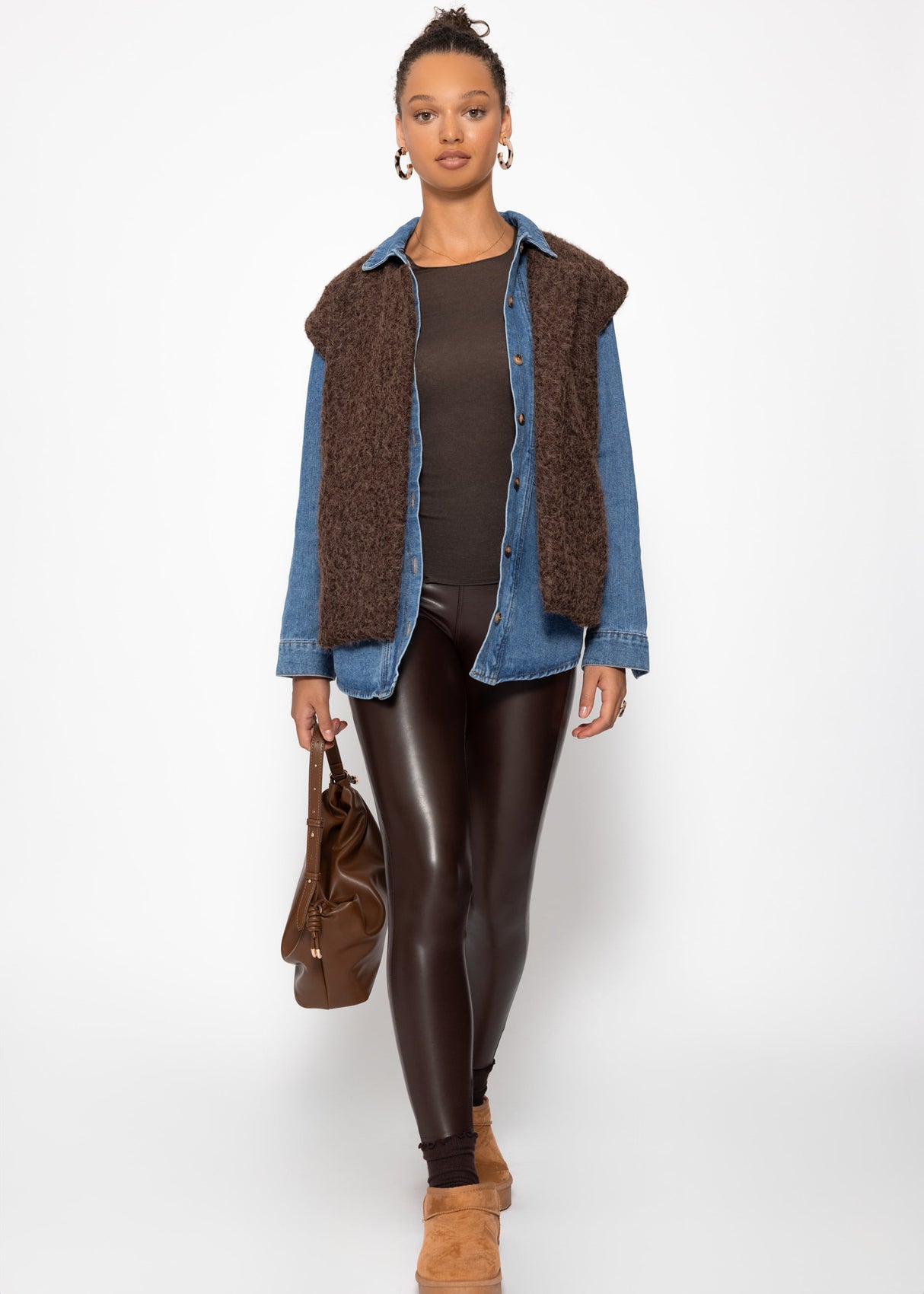 Thermo leather leggings with patch pockets, dark brown