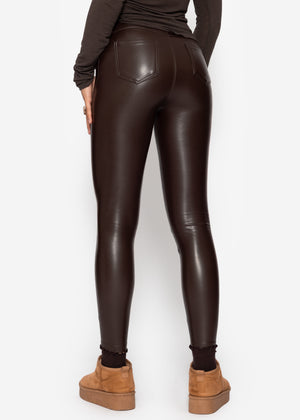 Thermo leather leggings with patch pockets, dark brown