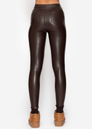 Thermo leather leggings with patch pockets, dark brown