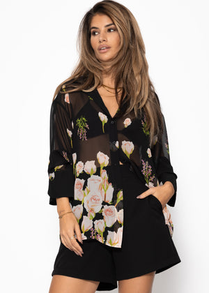 Transparent blouse with floral pressure - black