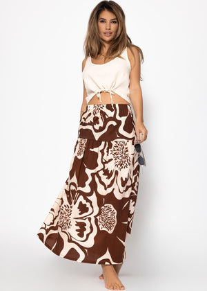 Volant rock with a large floral pressure - brown