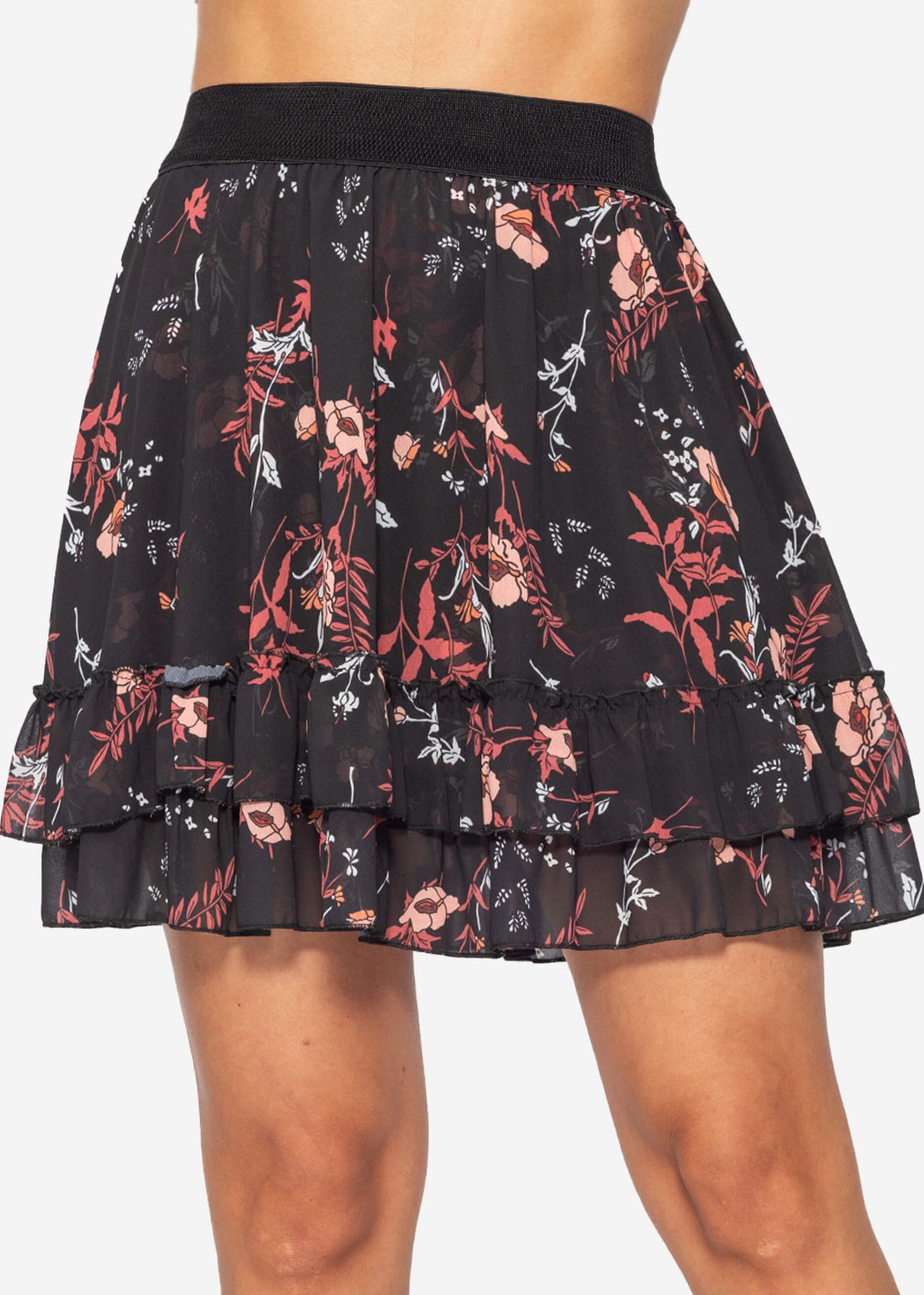 Flounce skirt with ruffles and floral print, black