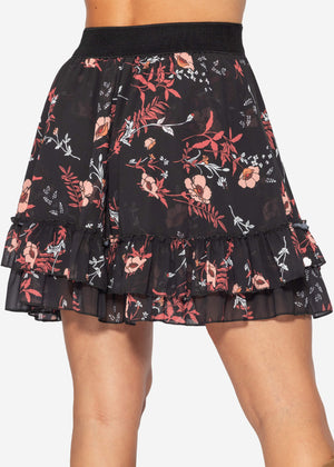 Flounce skirt with ruffles and floral print, black