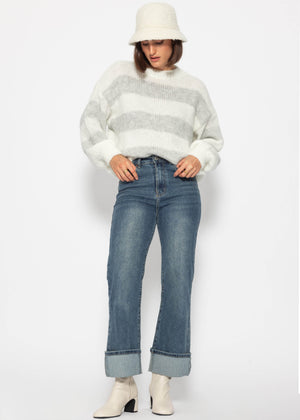 Weicher, gestreifter Strickpullover - offwhite-grau