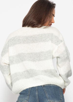 Weicher, gestreifter Strickpullover - offwhite-grau