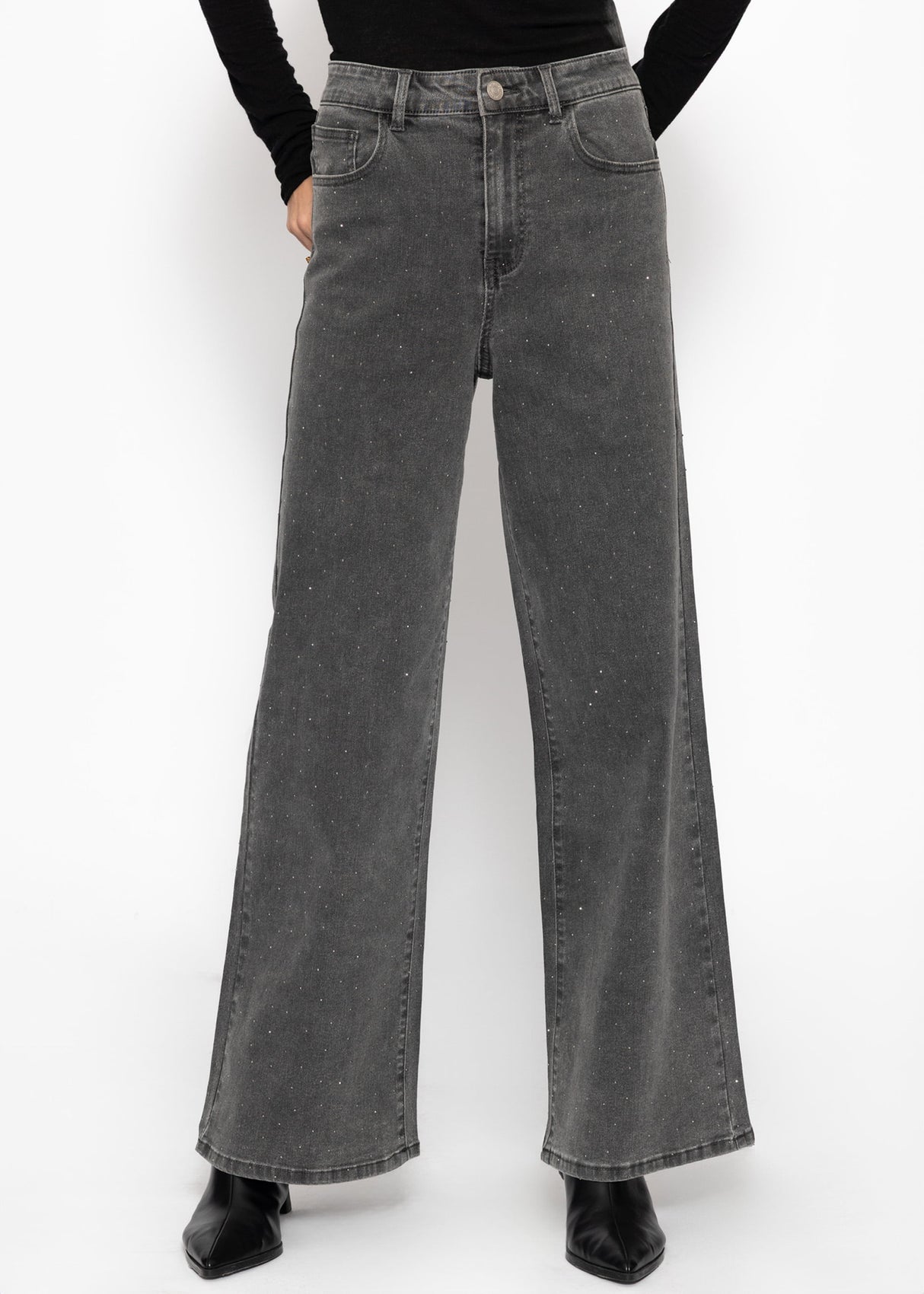 Wide-leg jeans with rhinestones - dark grey