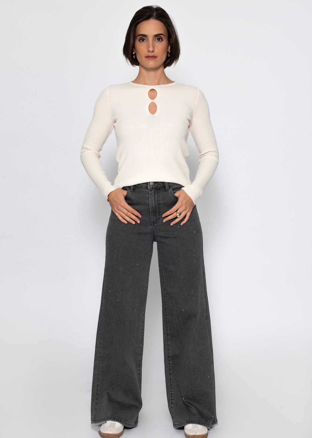 Wide-leg jeans with rhinestones - dark grey