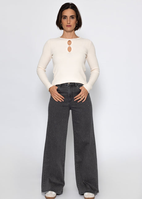 Wide Leg Jeans mit Strasssteinen - dunkelgrau