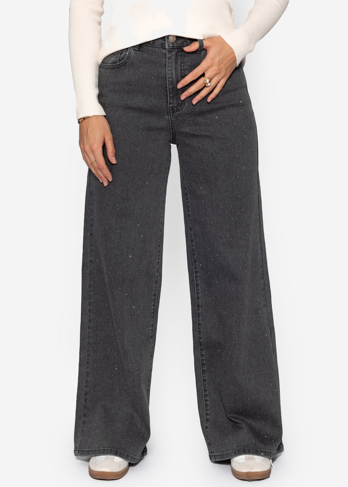 Wide-leg jeans with rhinestones - dark grey