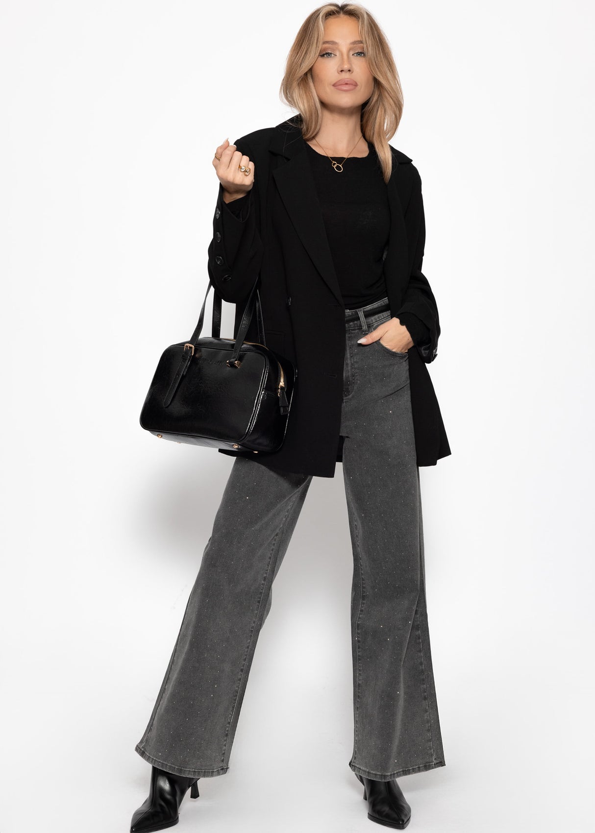 Wide-leg jeans with rhinestones - dark grey