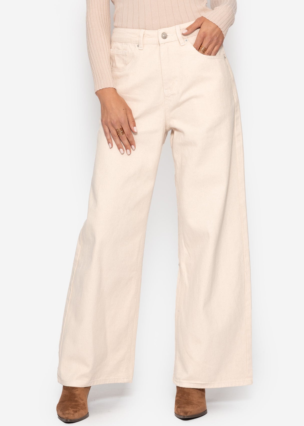 Wide Leg Jeans mit hohem Bund - beige