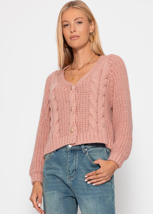 Card -brick cardigan with button placket - powder pink