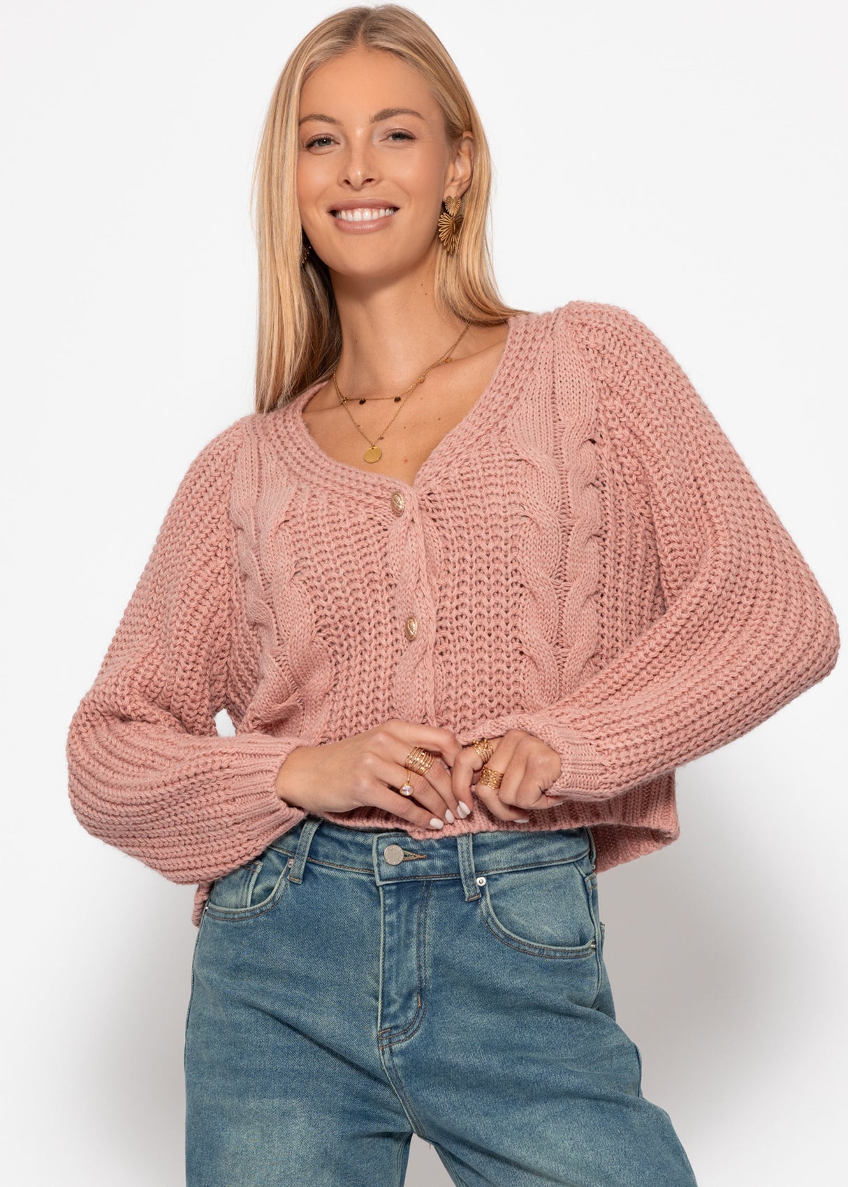 Card -brick cardigan with button placket - powder pink