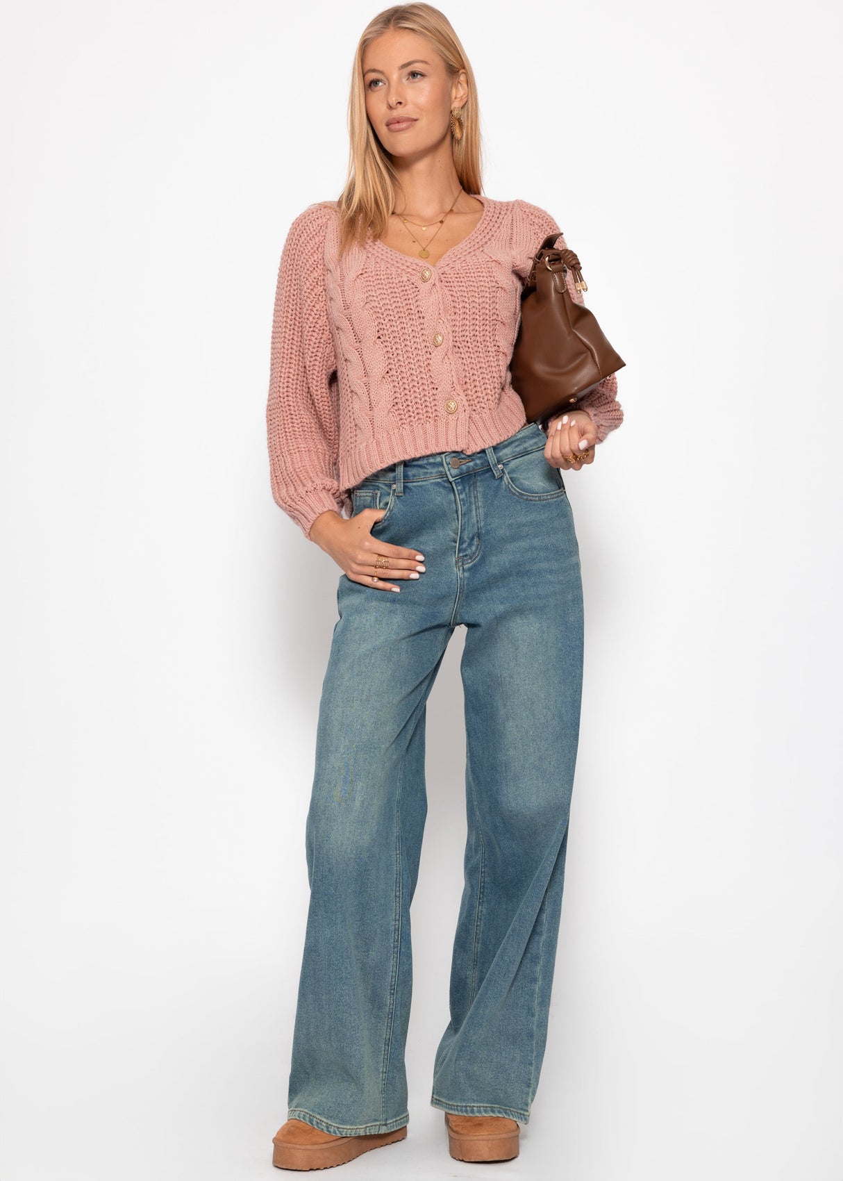 Card -brick cardigan with button placket - powder pink