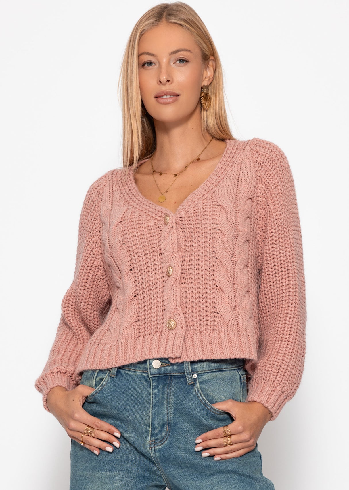 Card -brick cardigan with button placket - powder pink