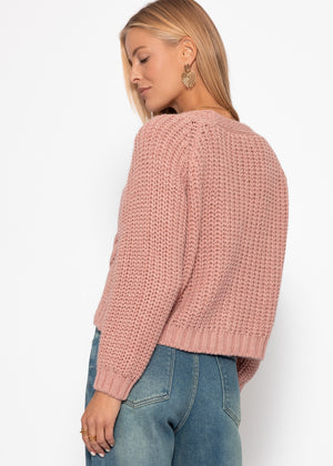Card -brick cardigan with button placket - powder pink