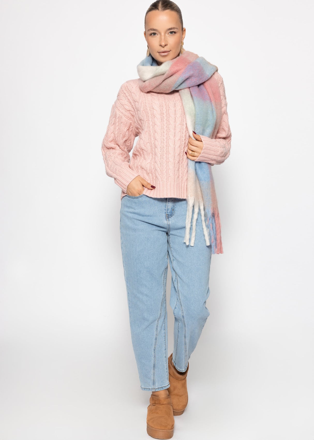 Zopfstrickpullover mit V-Ausschnitt - rosa