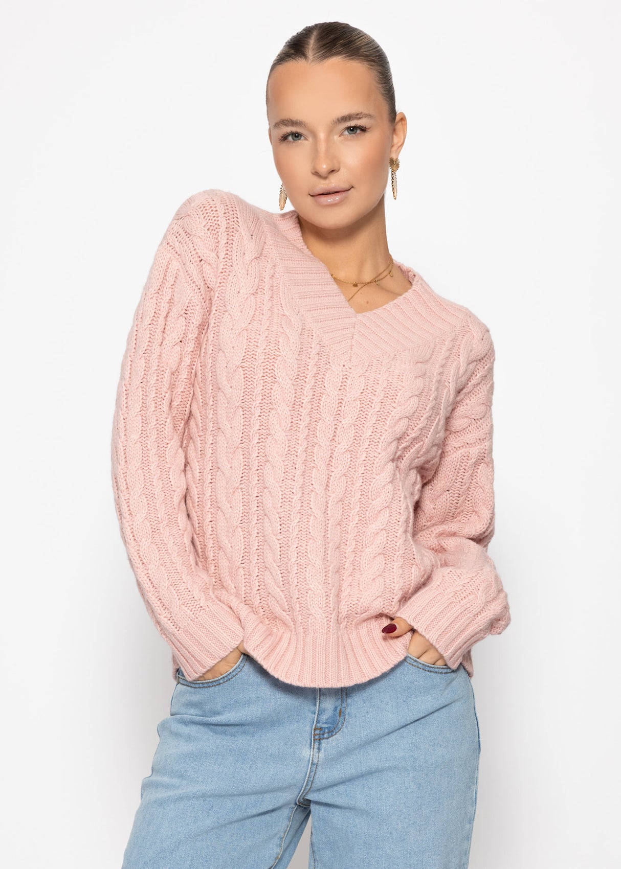 Zopfstrickpullover mit V-Ausschnitt - rosa