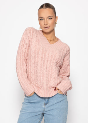 Zopfstrickpullover mit V-Ausschnitt - rosa