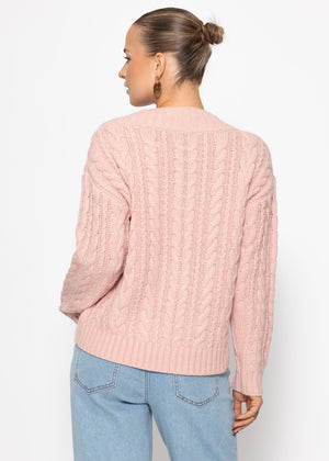 Zopfstrickpullover mit V-Ausschnitt - rosa