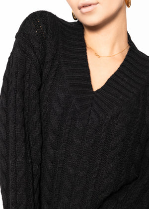 Cold rope sweater with V -neck - black