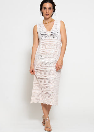 Sleeveless knitted dress with textured pattern - light beige