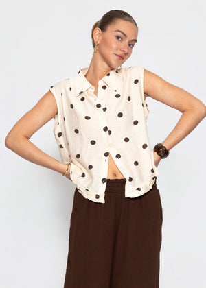Ärmellose Chiffon Bluse mit Punktemuster - creme