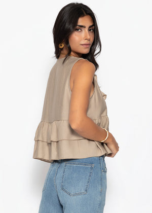Ärmellose Volant Bluse mit Bindebänder - taupe