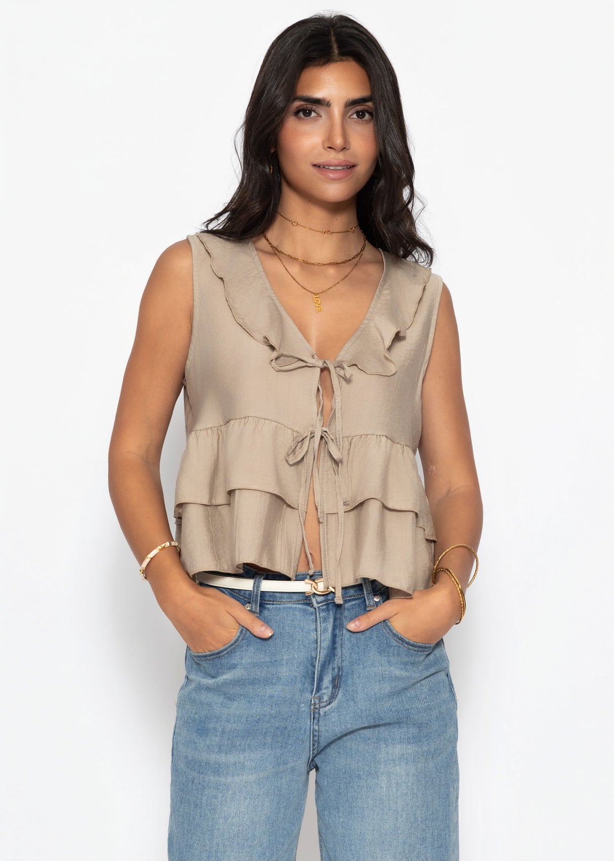 Ärmellose Volant Bluse mit Bindebänder - taupe