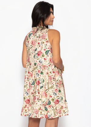 Ärmelloses Kleid mit Volants und Blümchendruck - beige